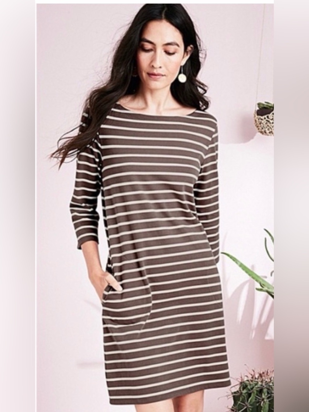 Garnet Hill Brown and White Striped Long-Sleeve Shift Dress preppy bateaux neck